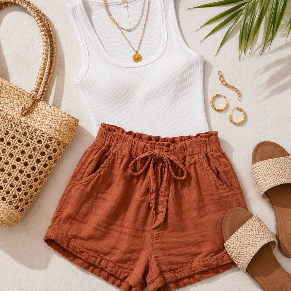 SO Gauze High Rise Tie Front Shorts Small Rust Terracotta Boho Summer